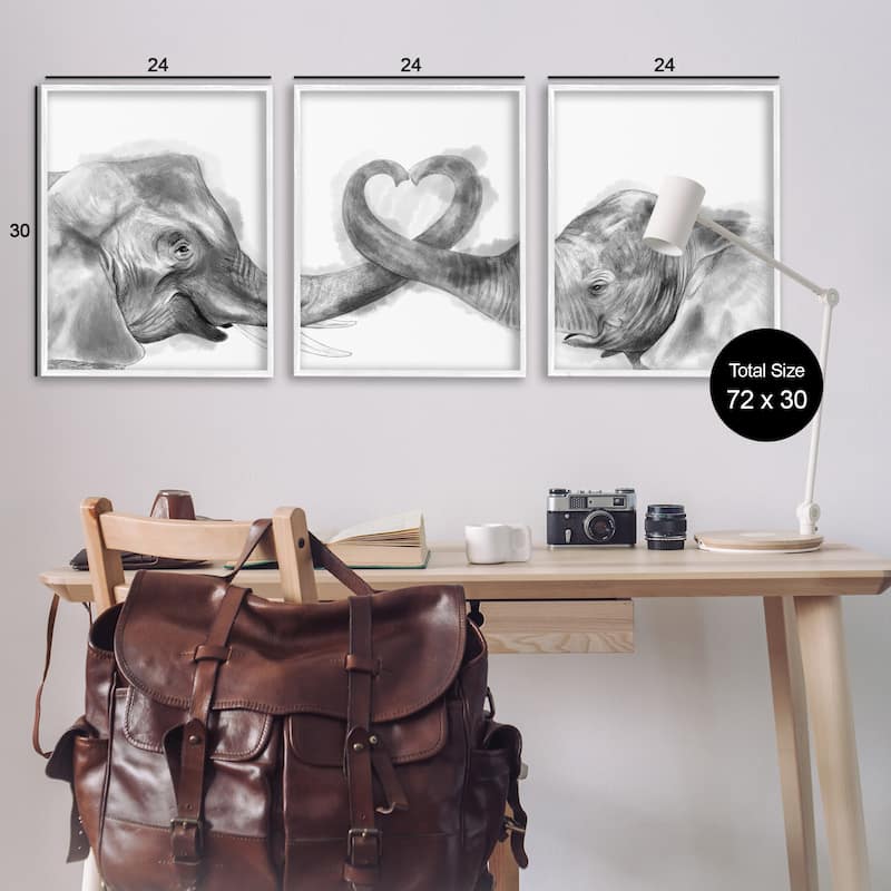 Stupell Elephant Trunk Heart Jungle Animal Illustration, 3pc Multi Piece Framed Wall Art Set