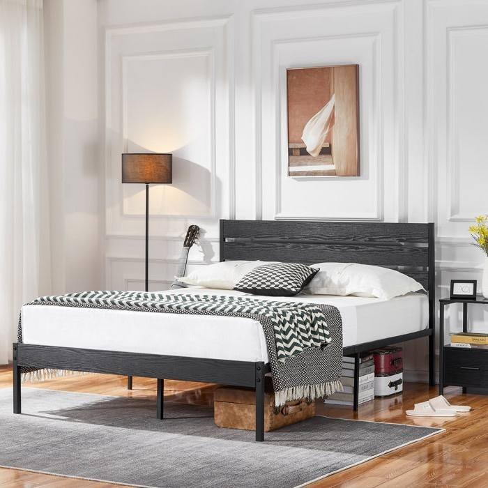 Modern Industrial Platform Bed Frame with Black Oak Headboard - Black - Queen