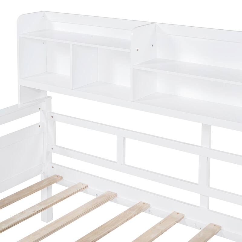 White Twin Daybed with Wood Slats, Shelves & 2 Drawers - Space-Saving Multi-Functional Furniture