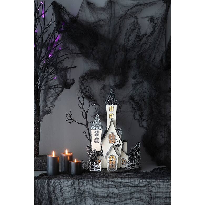 10x8.3x13.5" Cardboard Lighted Haunted House, Black Beige Tabletop holiday halloween decor, Battery Powered - Multi