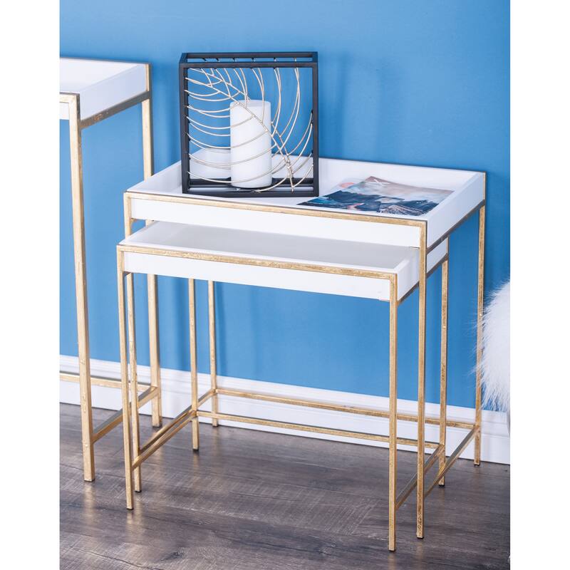 Wooden Geometric Nesting Tray Top Accent Table with Gold Metal Legs - Set of 2 White - Roche River Decor