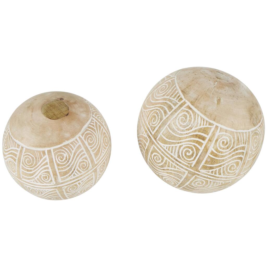 Mango Wood Handmade Decorative Ball Orbs & Vase Filler with Carved Tribal Patterns - Set of 2 Cream - Roche River Decor