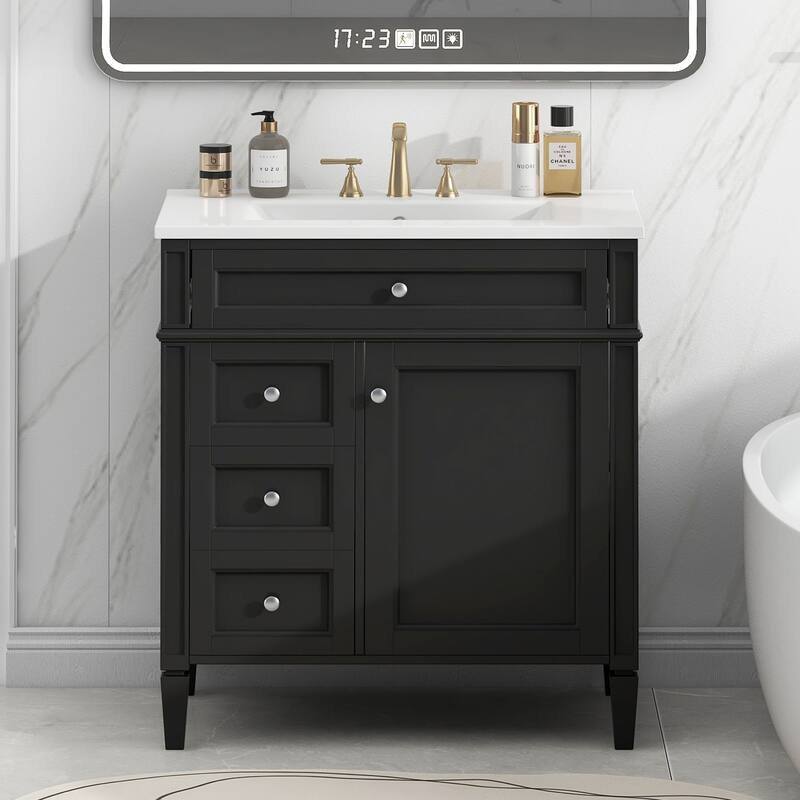 Modern 30" Bathroom Vanity with Ceramic Sink, 2 Drawers & Tip-Out Drawer for Bathroom Storage
