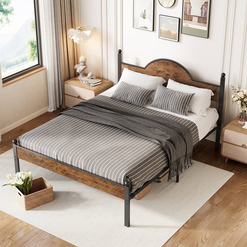 Queen Size Rustic Platform Bed Frame with Wood Headboard and Footboard