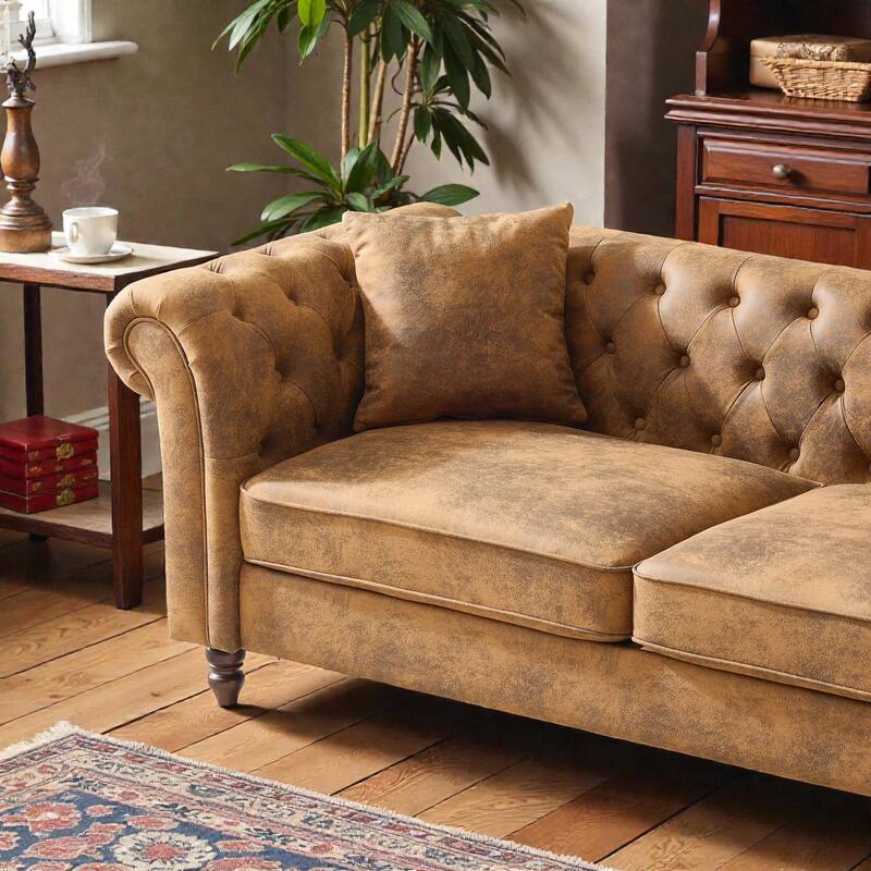 66" Chesterfield Tech Fabric Sofa, Rolled Arm 2-Seater Upholstered Couch for Living Room, Office & Apartments