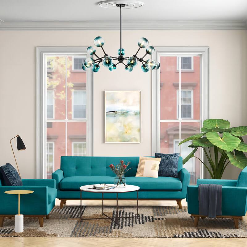 15-Light Modern Glam Linear Sputnik Gradient Blue Glass Globe Bubble Branch Chandelier