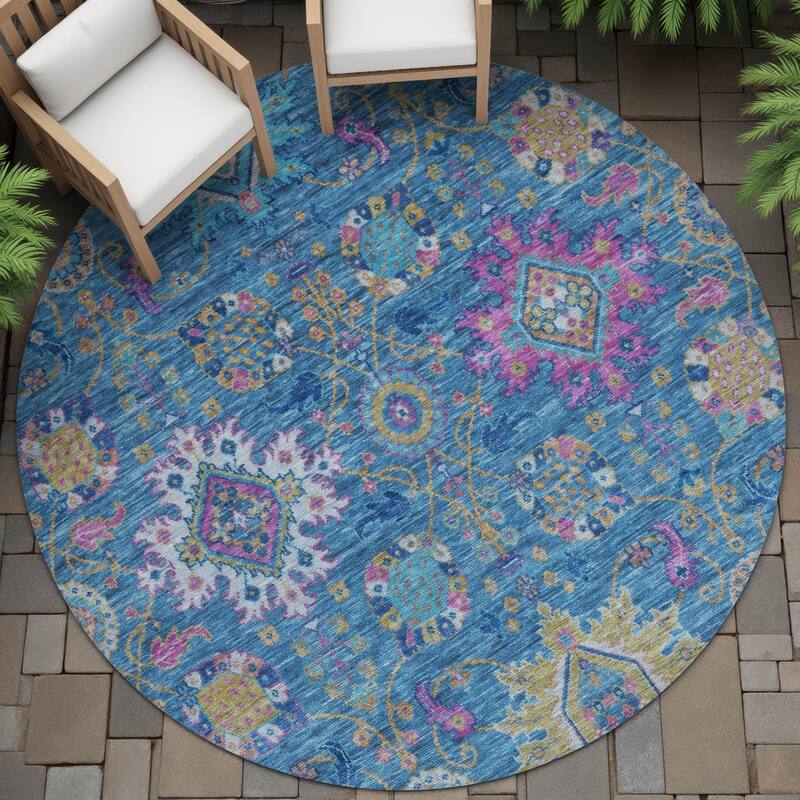Machine Washable Indoor/Outdoor Boho Traditional Chantille Rug - Blue - 8' x 8'