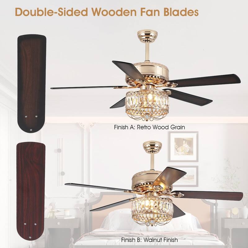 52" Modern Crystal Ceiling Fan Chandelier with Remote,2 Bulbs,Reversible DC Motor,5 Plywood Blades - 52 Inches