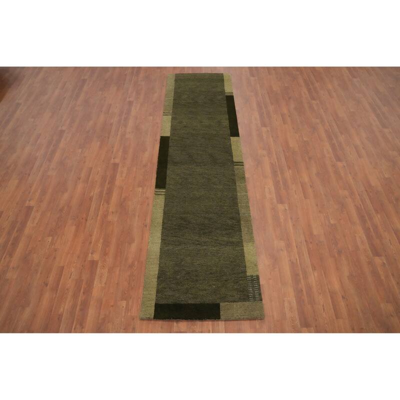 Hand Knotted Oriental 100% Wool Carpet Modern Solid Green Gabbeh Runner Rug - 9' 10'' X 2' 8''