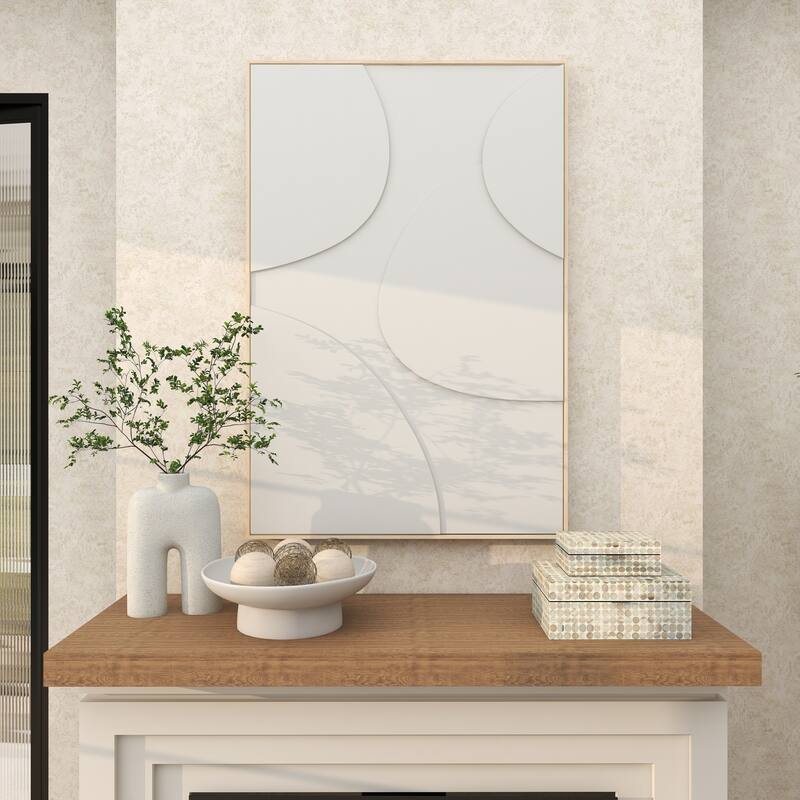 Wooden Geometric Living Room Framed Wall Art with Abstract Circles and Brown Wooden Frame - Beige or White - Roche River Decor