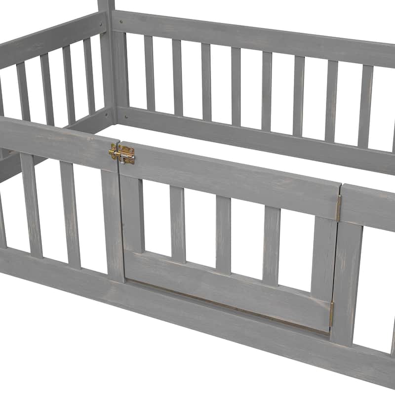 Twin Size Wood House Bed with Fence and Door
