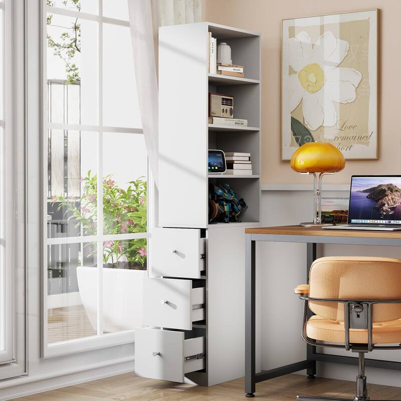 70.8" Bookshelf with Drawers, Bookshelf and Bookcase with 4-Tier Open Shelves, Tall Bookcase Tall Storage Cabinet - White Style B