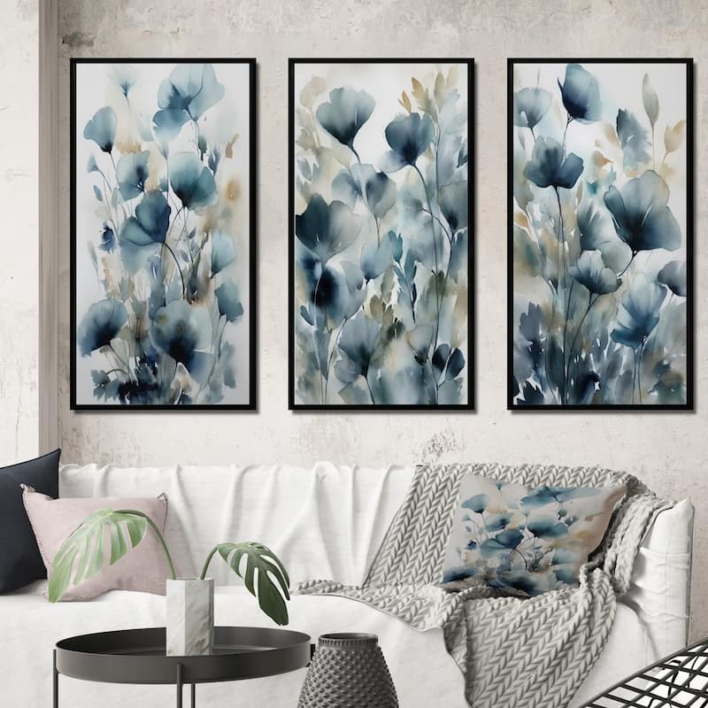 Designart "Blue Leaf Foliage And Flowers III" Floral Leaves Framed Wall Art Set Of 3 For Home Decor - 38 in. wide x 28 in. high - 3 Panels - Black