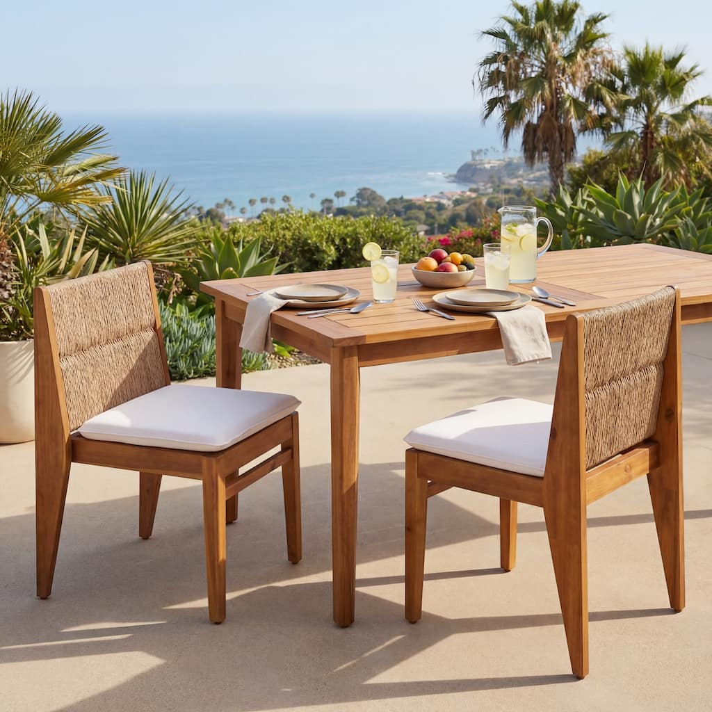 Christopher Knight Home - Modern Outdoor Acacia Wood Armless Dining Chairs Set with Seat Cushion & Woven Wicker Backrest