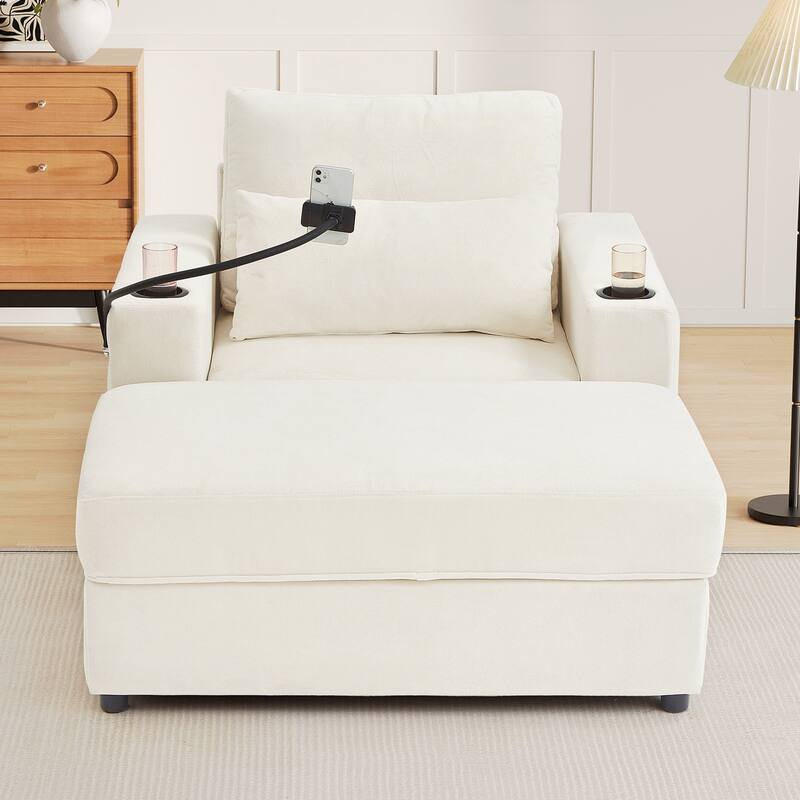 Modern Style Armchair 42.5" Chaise Lounge Sofa Couch with a Movable Storage Ottoman, Two USB Ports, Two Cup Holders - Beige