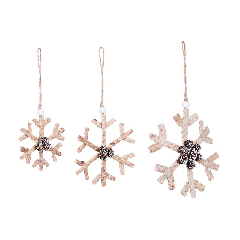Transpac Natural Fiber 9.75 in. Brown Christmas Straw Woven Snowflake Decor Set of 3
