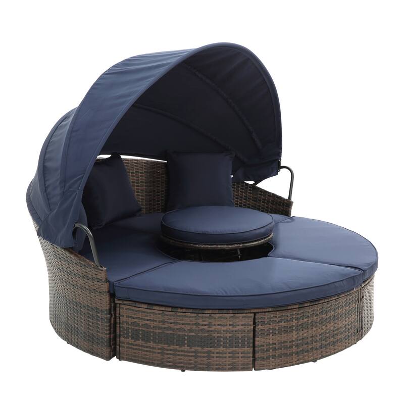 Beige Outdoor Daybed with Adjustable Canopy & Convertible Design