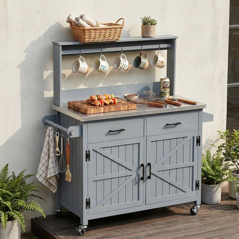54.1" Outdoor Kitchen Island with High Shelf, Large Outdoor Potting Table with Top and Storage Cabinet, With Lockable Wheels