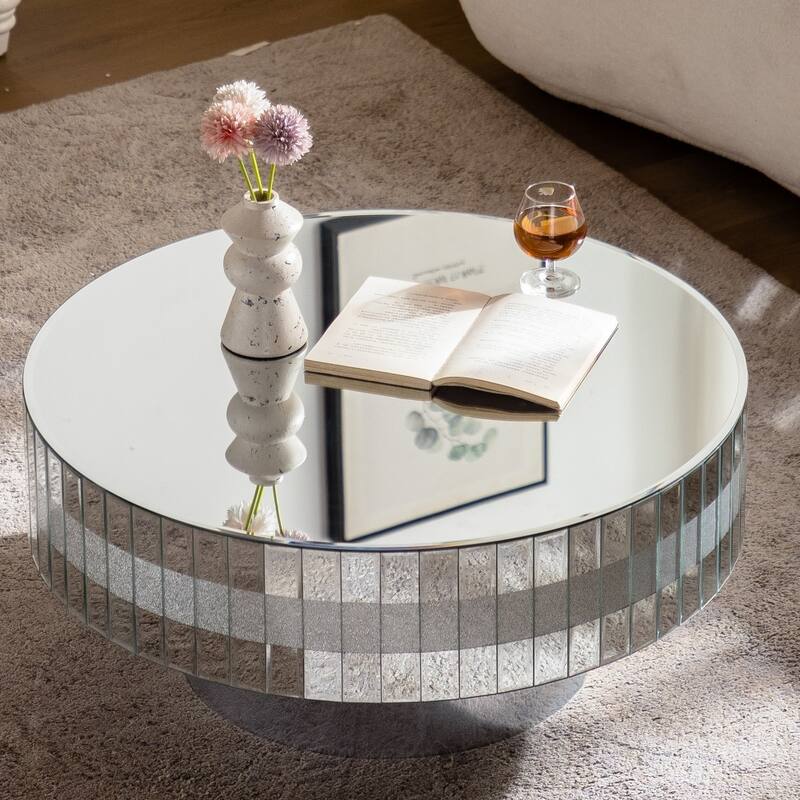 30.91" Luxury Silver Round Glass Mirrored Table Top Coffee Table
