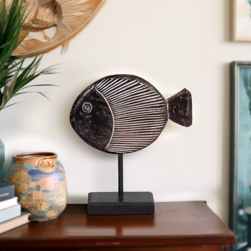Sagebrook Home Wood Fish on Stand, Coastal Nautical Decorative Sculpture for Living Room