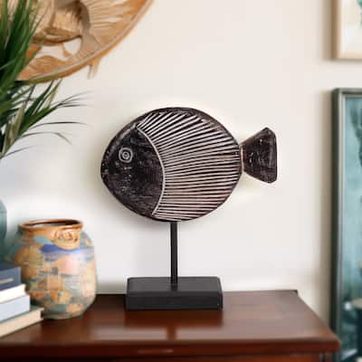 Sagebrook Home Wood Fish on Stand, Coastal Nautical Decorative Sculpture for Living Room