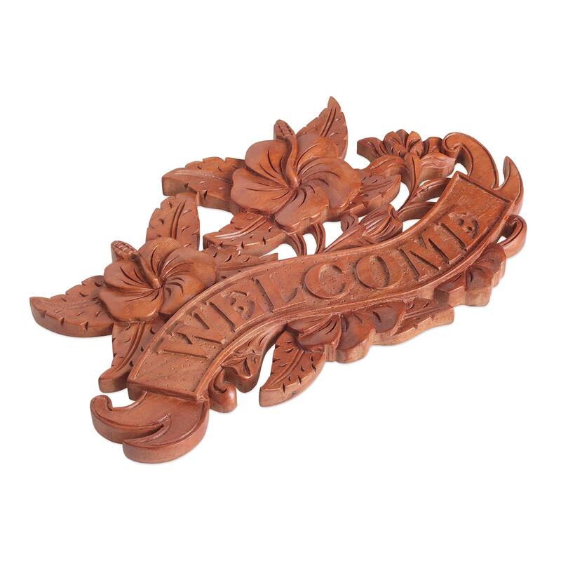 Novica Handmade Hibiscus Welcome Wood Wall Sign