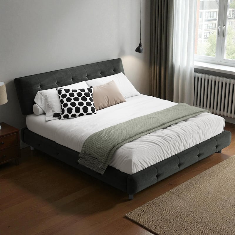 Queen/King Size Upholstered Bed with Oversized Cloud Tufted Headboard, Chenille Platform Bed Frame with Metal & Wood Slats