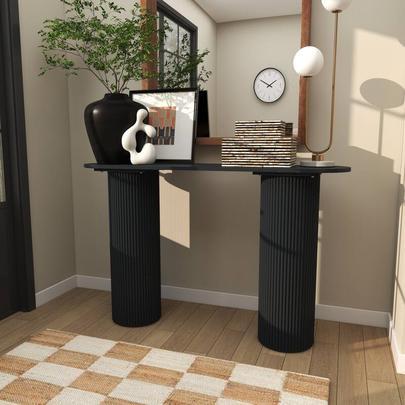 Wooden Geometric Oval Console Table with Ribbed Pillar Legs - Black - Roche River Decor