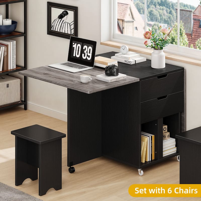 Moasis 5 Pieces 7 Pieces Folding Dining Set with Drop Leaf Table and Storage Stools for up to 6 People