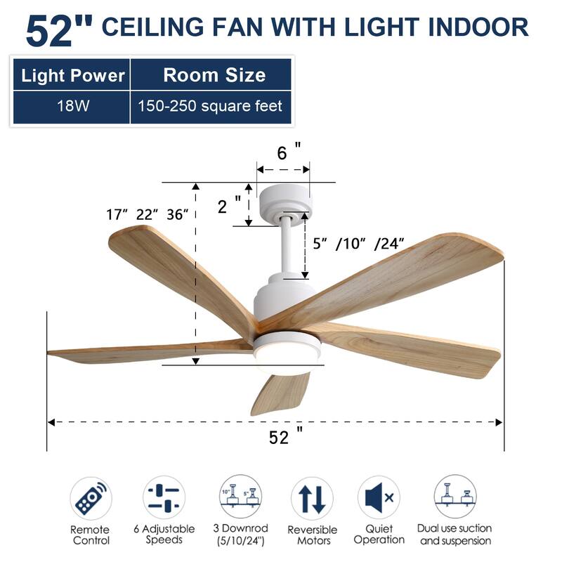 52 Inch Indoor Ceiling Fan with Light & Smart APP Control, 5 Solid Wood Blades Reversible DC Motor Ceiling Fan Chandelier
