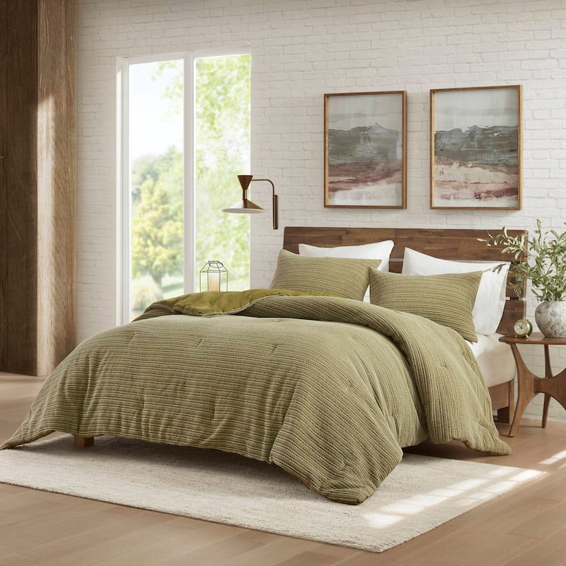 GDF Studio - Rowena Waffle Washed Cotton 3-Piece Comforter Set with Soft Textured Design - Green (Full/Queen)
