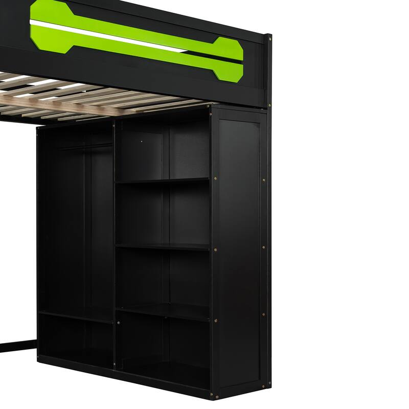 Roomfitters Full Gaming Loft Bed with Desk, Open Wardrobe, RGB LED and USB Ports, Space Saving Sleeper