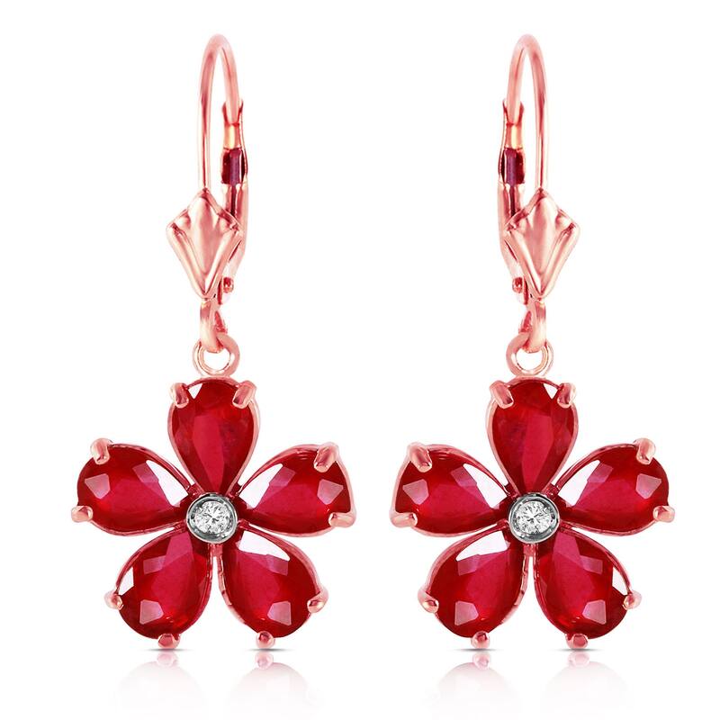 14K Solid Gold Leverback Earrings w/ Natural Rubies & Diamonds - Rose
