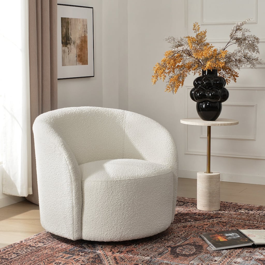 KINWELL 34" W Upholstered Boucle Swivel Barrel Accent Chair