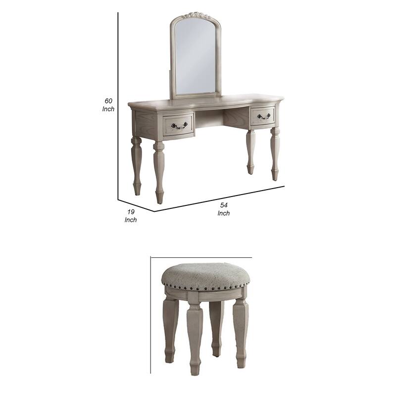 3 Piece Vanity Set with Carved Mirror and Turned Legs, Black