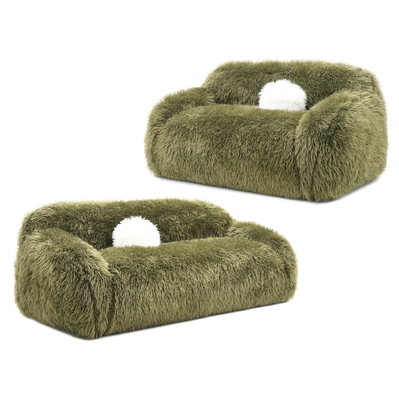 Furniture of America Cynra Modern 2-Piece Faux Fur Sofa Set with Ball Pillows