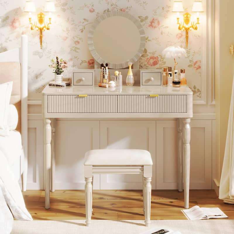 Luxury Vanity Desk with Round Mirror - Champagne