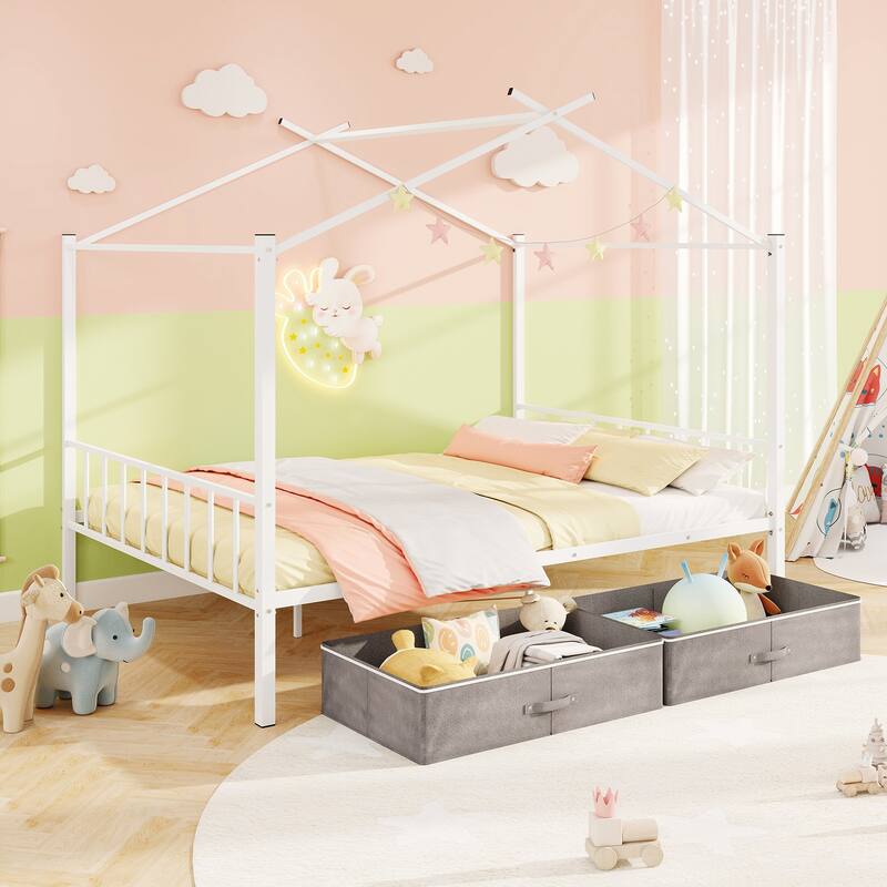 Full Size Metal House Bed Frame with Storage Drawers and Slats Support for Kids and Teens Room - White