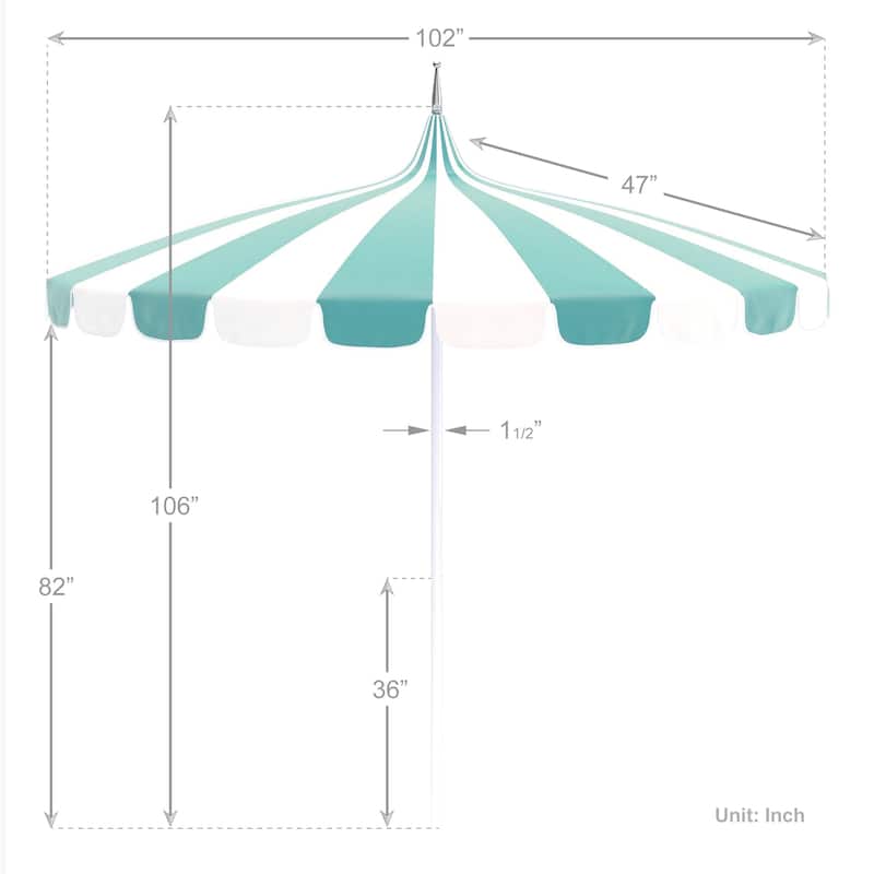 California Umbrella 8.5' Pagoda Series Patio Umbrella White Aluminum Pole Push Lift Sunbrella Natural and Pacific Blue