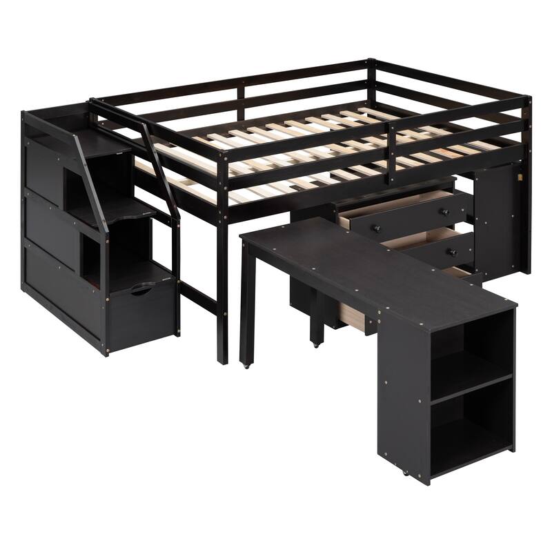 Twin/Full Size Loft Bed with Retractable Writing Desk and 3 Drawers, Wooden Loft Bed Frame w/ Storage Stairs & Shelves for Kids
