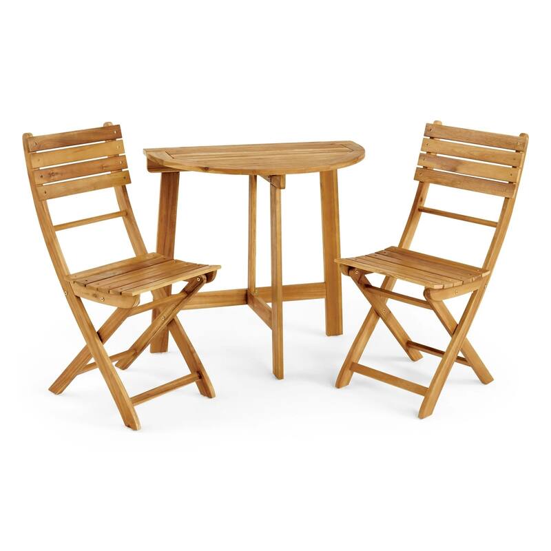 Outdoor Acacia Wood 3 Piece Half Round Folding Bistro Set, Natural