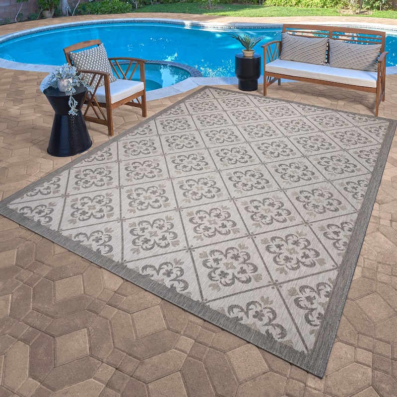 Gertmenian Paseo Bronte Floral Medallion Tile Polypropylene Flatweave Indoor/ Outdoor Area Rug