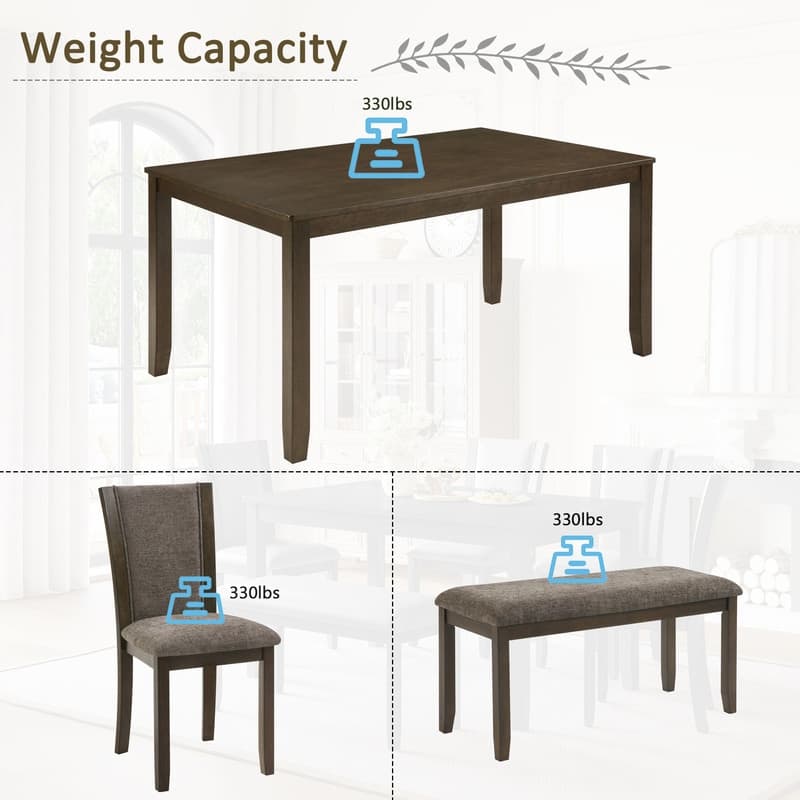 Farmhouse 6-Piece Wooden Dining Table Set with Comfortable Upholstered Chairs and Bench for Family Meals