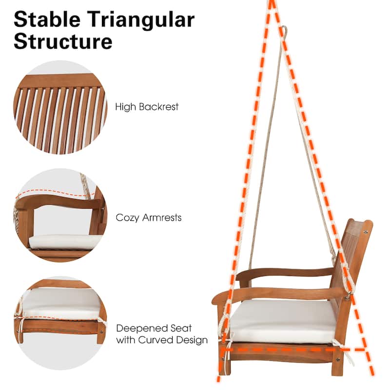 2-Person Hanging Porch Swing Wood Bench with Cushion Curved Back