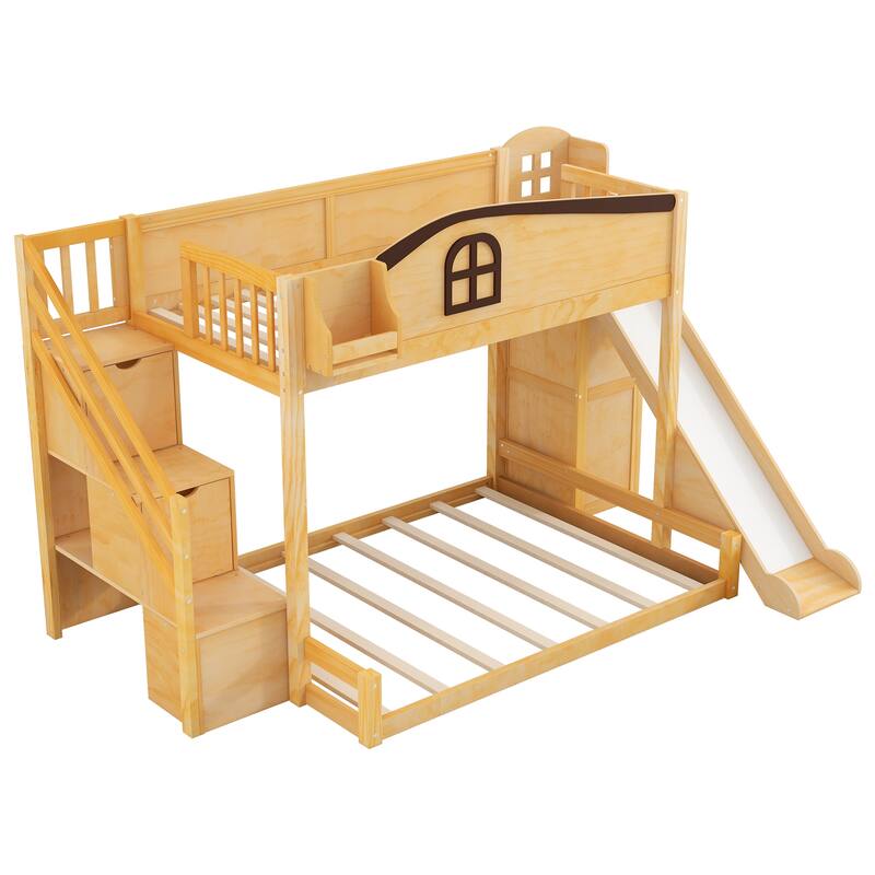 Roomfitters Twin Over Full Bunk Bed with Slide, Wardrobe and Storage Staircase