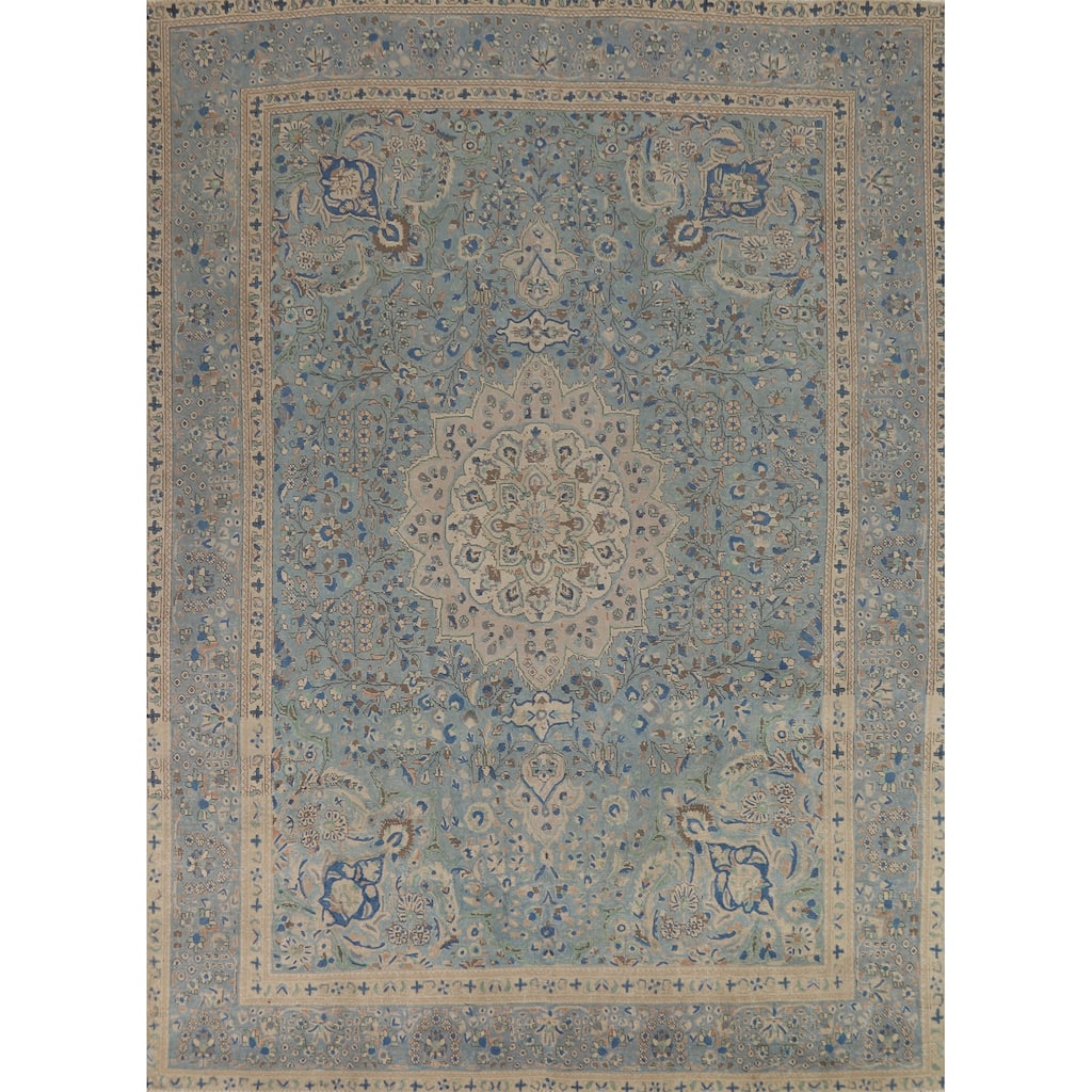 Hand Knotted Oriental 100% Wool Carpet Traditional Floral Navy Blue & Blues Tabriz Area Rug - 12' 8'' X 9' 10''