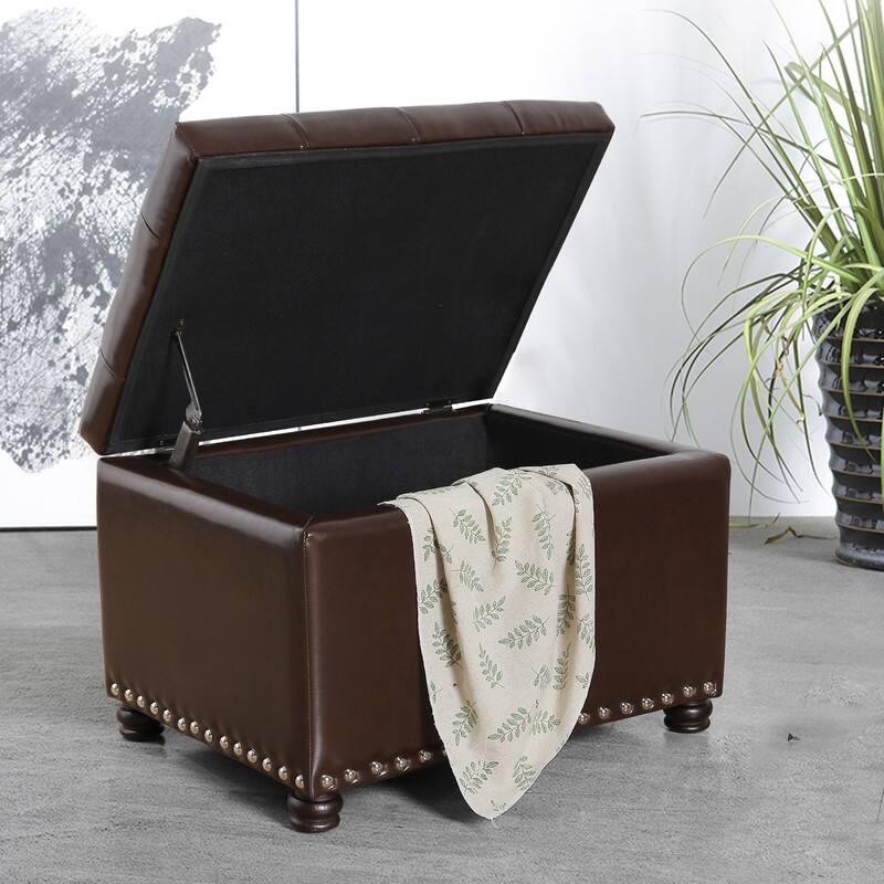 Adeco Tufted Bottom Bonded Leahter Brown Rectangle Storage Ottoman