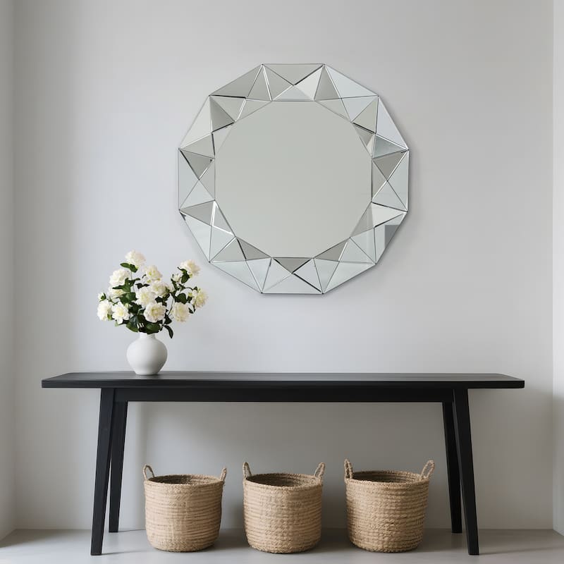 Avelia Modern Round Wall Mirror 39 Inch Geometric Beveled Glass with MDF Back - Silver/Chrome - Dia.39"*H1.2"