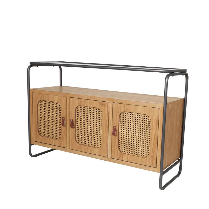 Brown Wooden Living Room Coffee Table with Cane Front Drawers and Gray Metal Frame