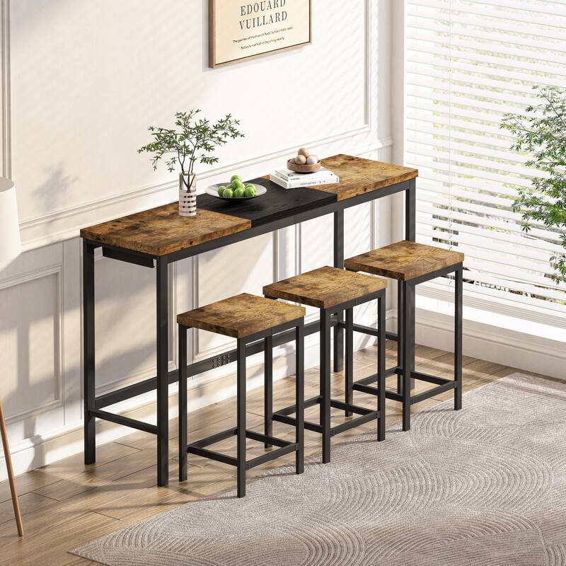 4-Piece Modern Design Kitchen Dining Table, Pub Table, Long Dining Table Set with 3 Stools, Convenient Hanging Stool Design